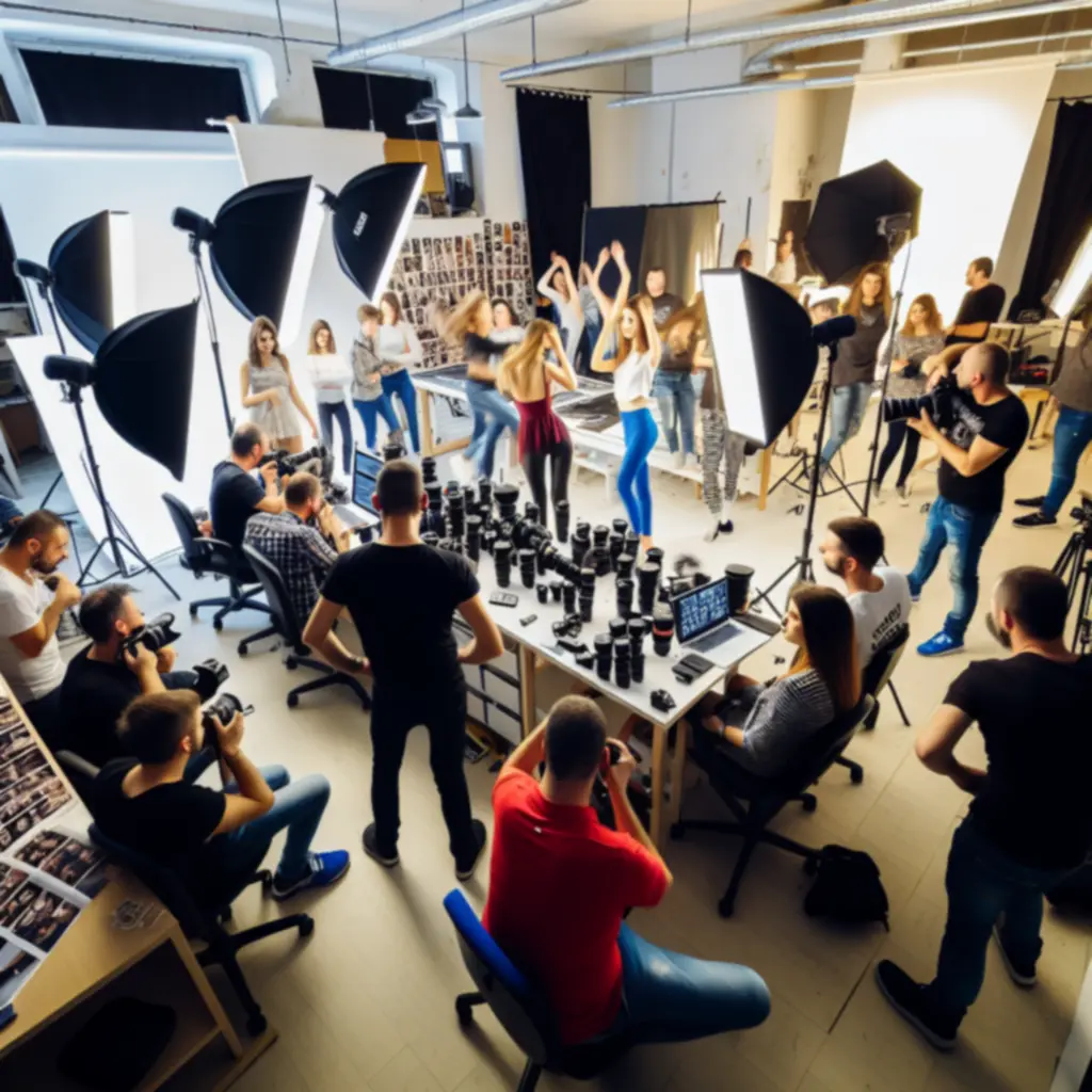 Kulisszák mögötti jelenet egy zajló fotózásról a Budapest Photo Lab stúdiójában