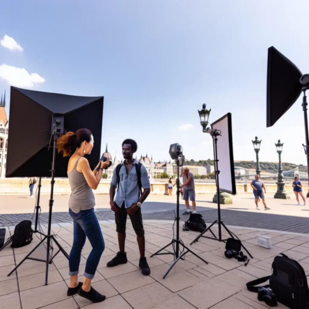 On-location fotózás kültéri helyszínen professzionális felszereléssel.