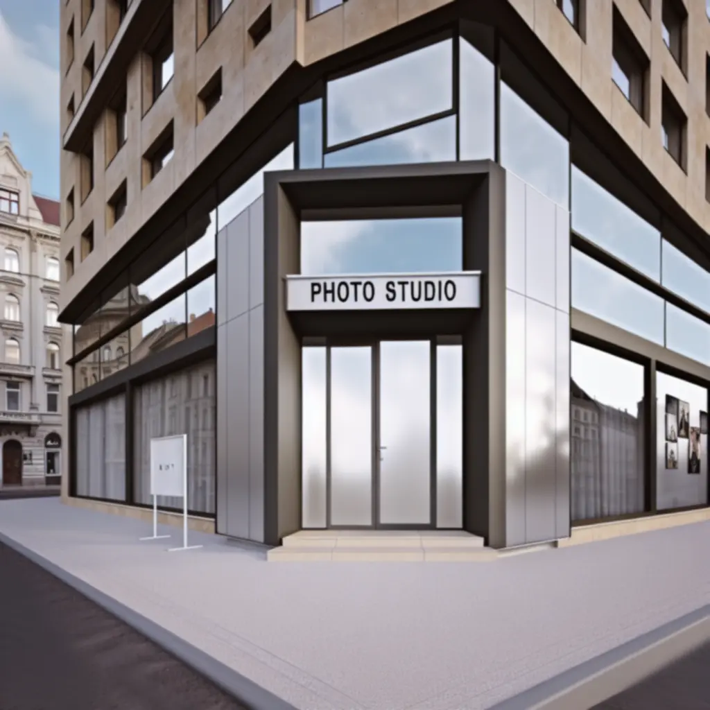 Budapest Photo Lab stúdió homlokzata éjszakai megvilágításban