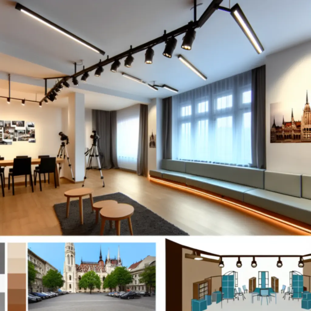 Budapest Photo Lab stúdiójának modern, kényelmes belső tere professzionális világítással